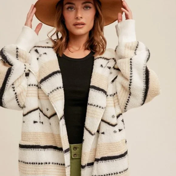 New Cozy Oversized Teddy Hooded Cardigan Sweater Coat / Western Southwest - Picture 2 of 8